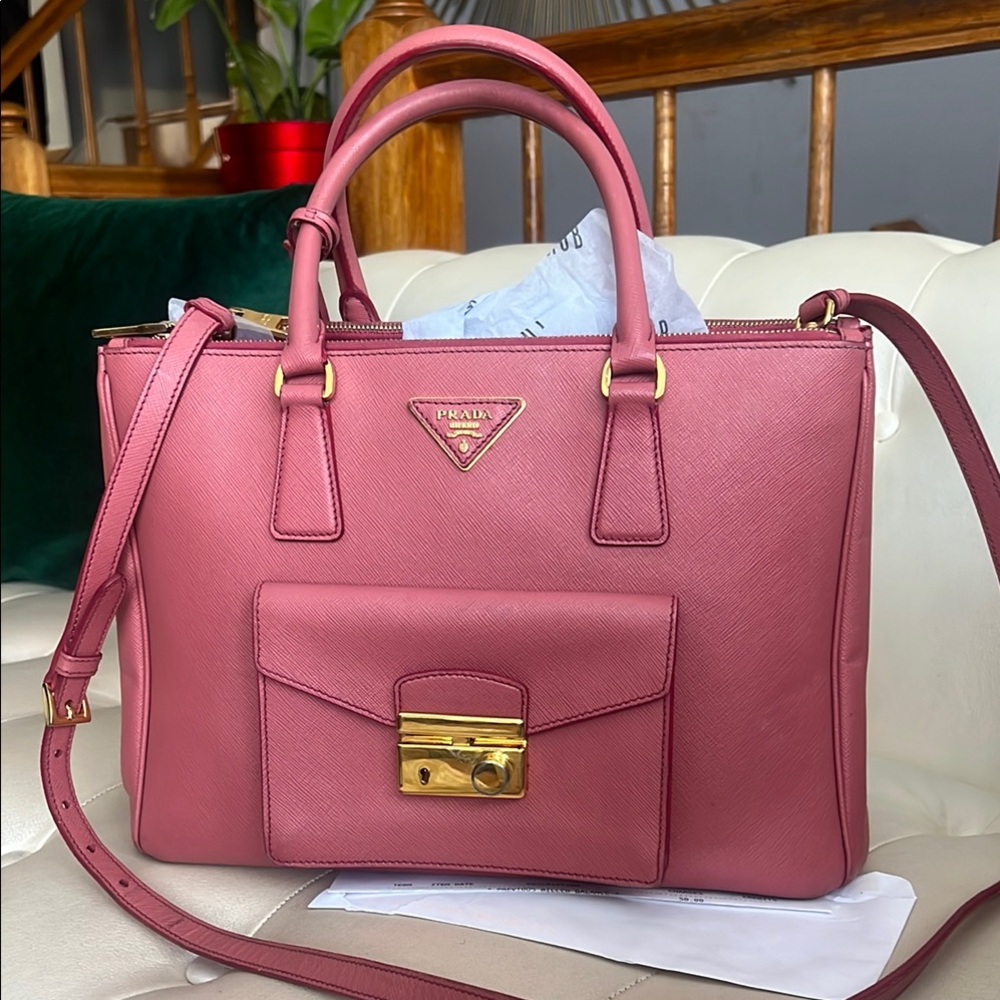 Prada Pink Saffiano Leather Satchel with Gold Accents